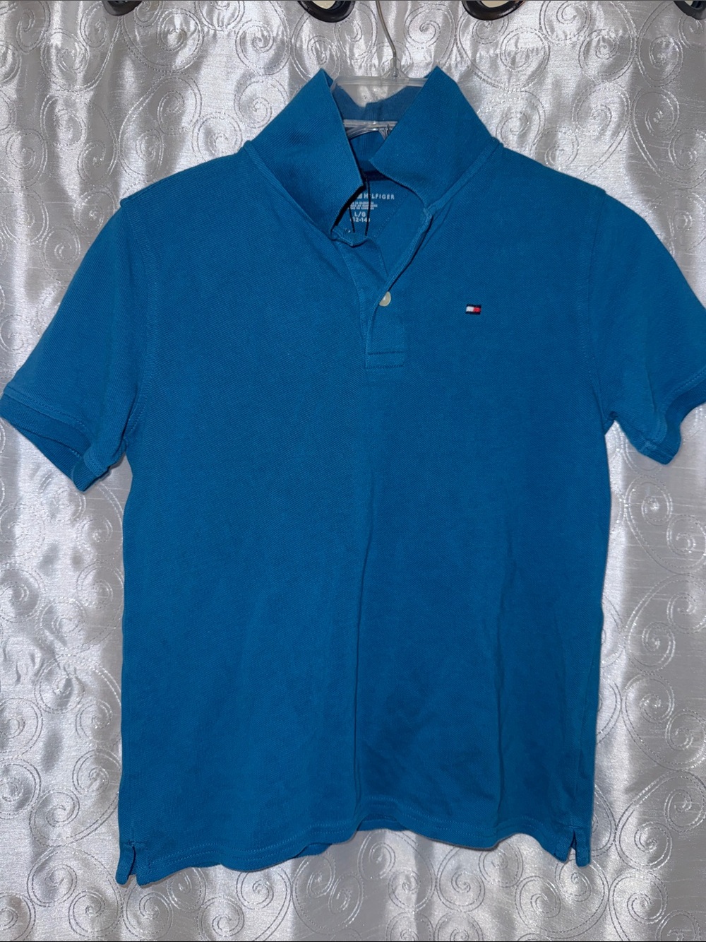 Tommy Hilfiger Teal-Blue Classic Polo with Chest Flag Youth Size Large 🔥 B3